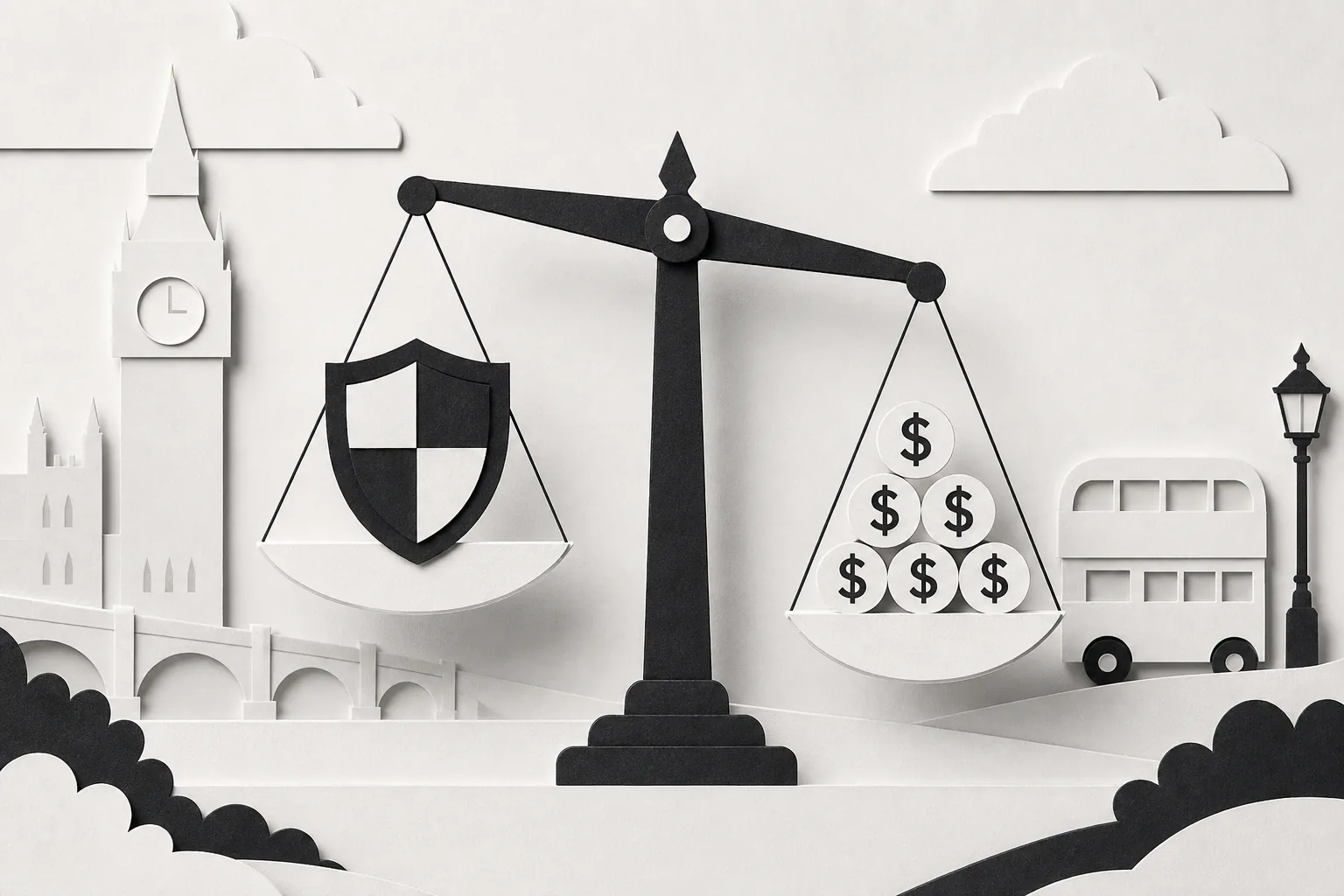 Minimal black‑and‑white paper‑cut illustration of a scale balancing a shield (governance) on one side and a stack of dollar