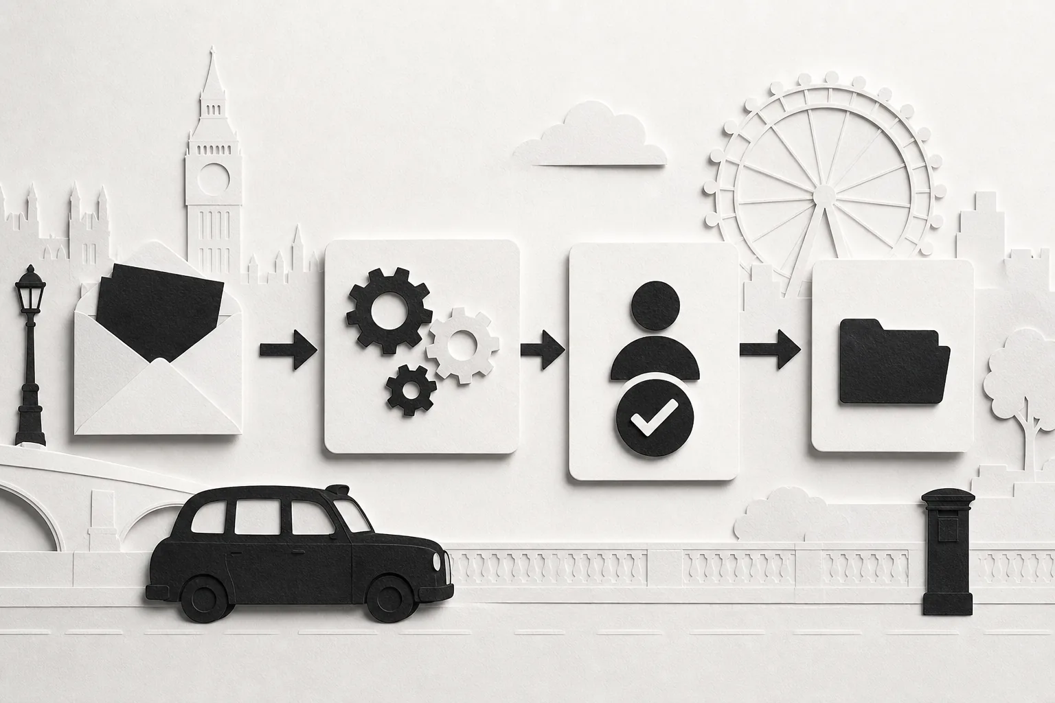 Paper-cut diagram of AI-supported workflow automation with a human review step.