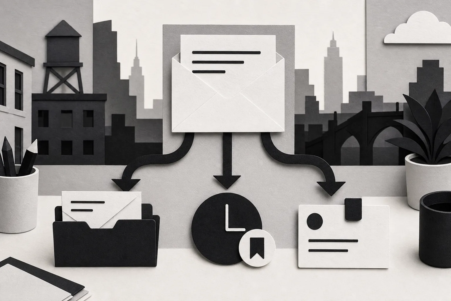 Paper-cut diagram of email sorting, reminders and task handoffs for a US small business.