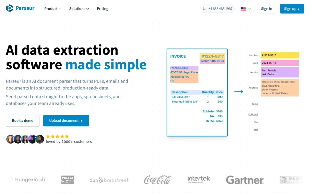 Screenshot of the Parseur website